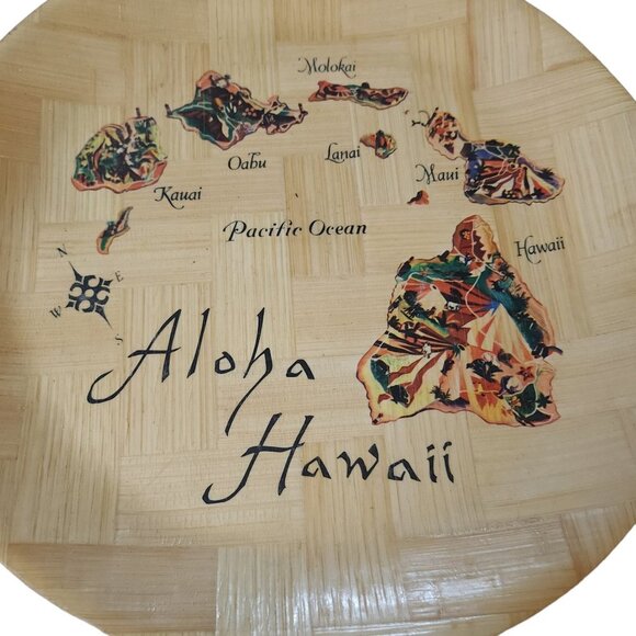 Hawaii Souvenir Shallow Platter Bowl Tray Woven Bamboo of Hawaiian Islands Map - Picture 4 of 15